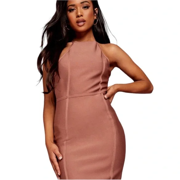 PETITE BANDAGE HALTER BODYCON MIDI DRESS, SIZE 10, COLOR Chocolate - Picture 4 of 6